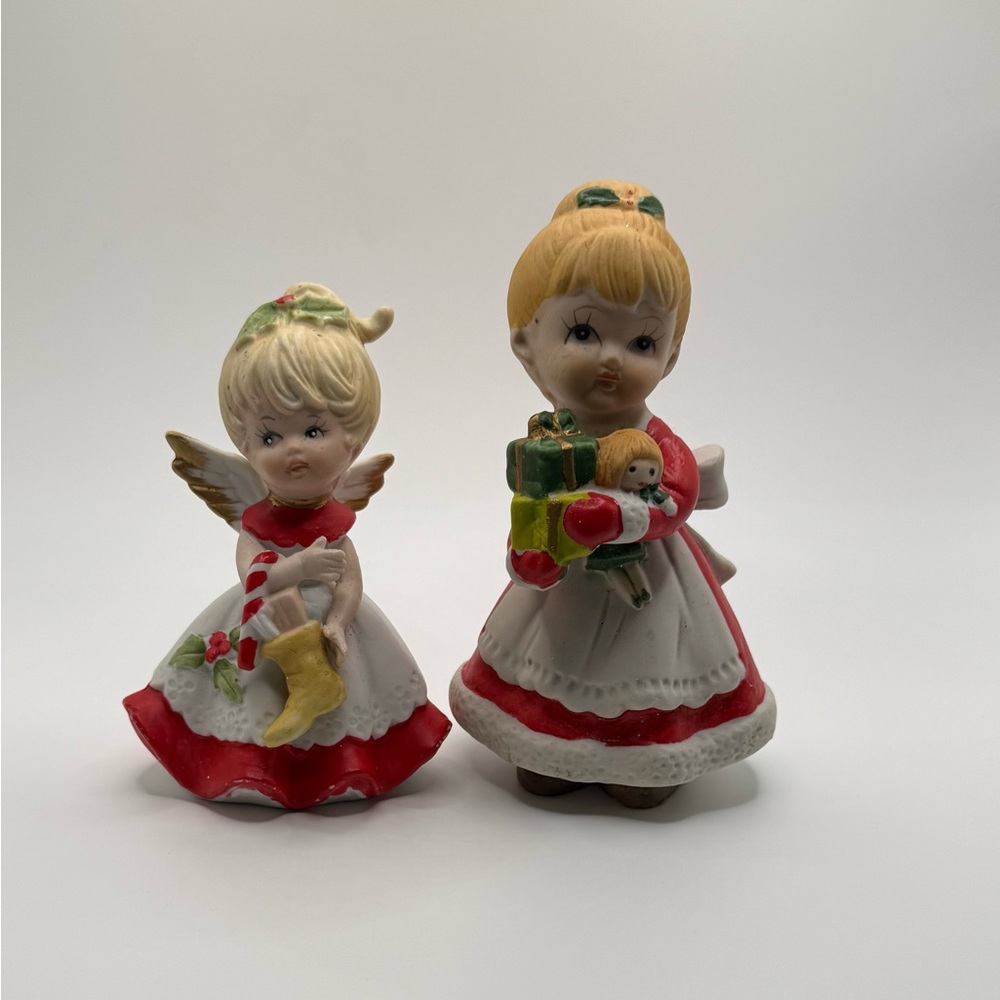 Vintage Homco Christmas Figurines Bundle of 2 Angel Blonde Girl Holding Gifts